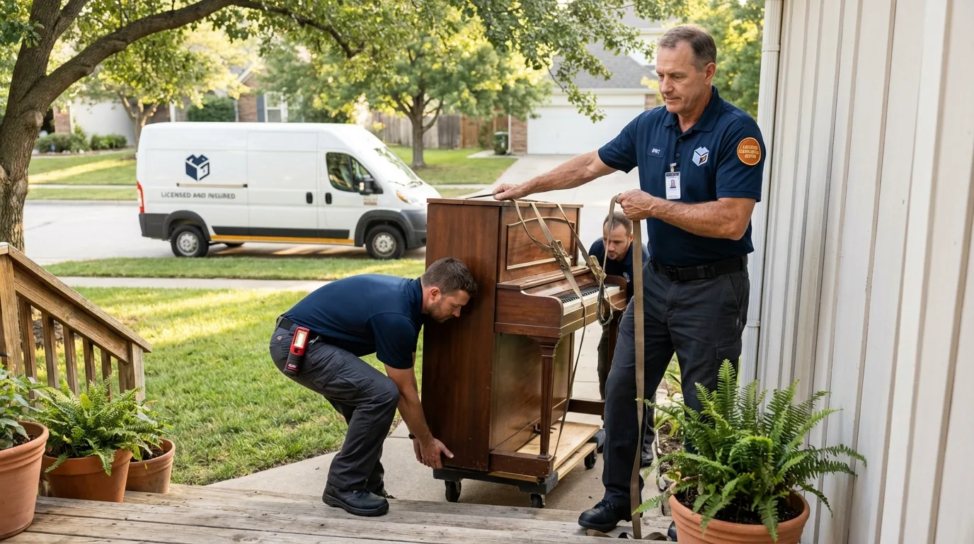 Licensed piano movers securing grand piano in Elwood, IN