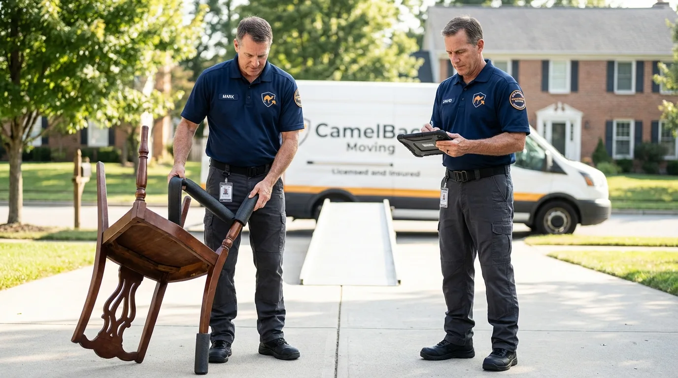 Movers inspecting furniture for damage prevention before loading in Elwood, IN