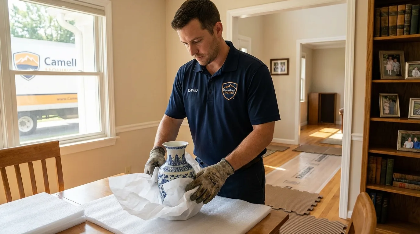 Professional crew carefully wrapping antique vase for senior downsizing move in Elwood, IN